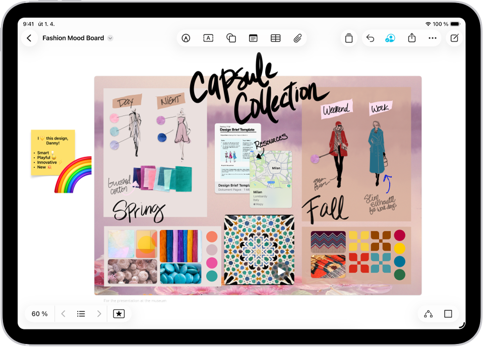 iPad s otevřenou aplikací Freeform. Na tabuli je vidět rukopis, text, kresby, tvary, fotky, videa, nalepovací lístky, odkazy a další soubory.