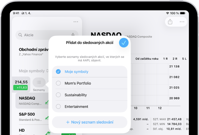 Seznam přizpůsobených seznamů sledování v aplikaci Akcie: Moje symboly, Mámino portfolio, Udržitelnost a Zábava.