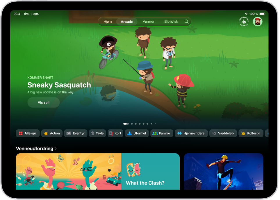 Appen Apple Games viser fanen Arcade. Skærmen viser reklamegrafik for et kommende spil. Fanen Arcade er valgt på fanelinjen.