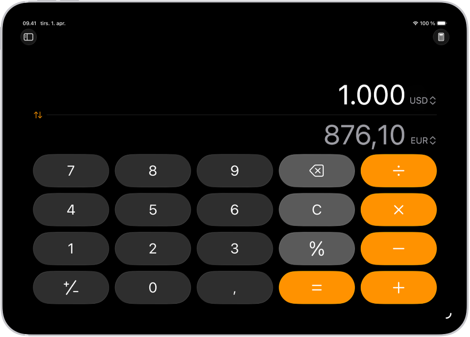 Den almindelige lommeregner med en valutaomregning på iPad.