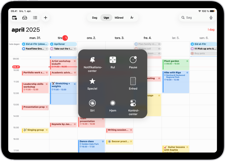 En iPad, hvor menuen AssistiveTouch er synlig, som viser betjeningsmuligheder til Notifikationscenter, Enhed, Kontrolcenter, Hjem, Siri og Speciel