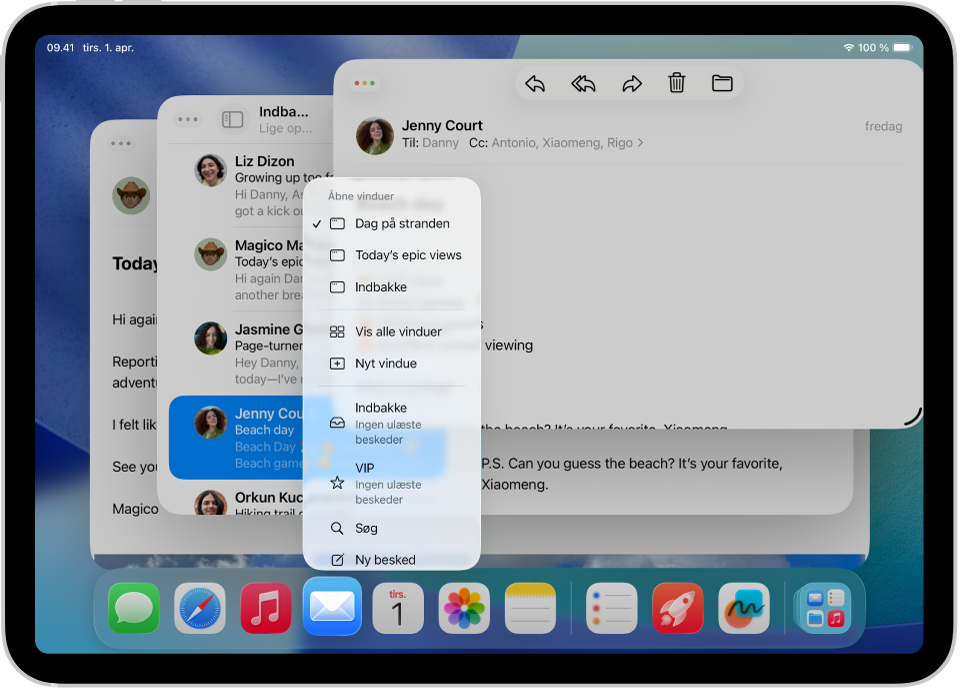 En iPad-skærm med åbne vinduer i appen Mail. Appmenuen til appen i et af vinduerne vises.