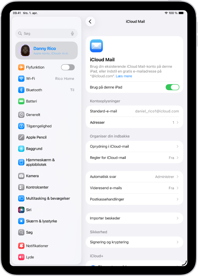 Appen Indstillinger er åben og viser skærmen iCloud Mail. Specielt e-maildomæne findes nederst på menuen.