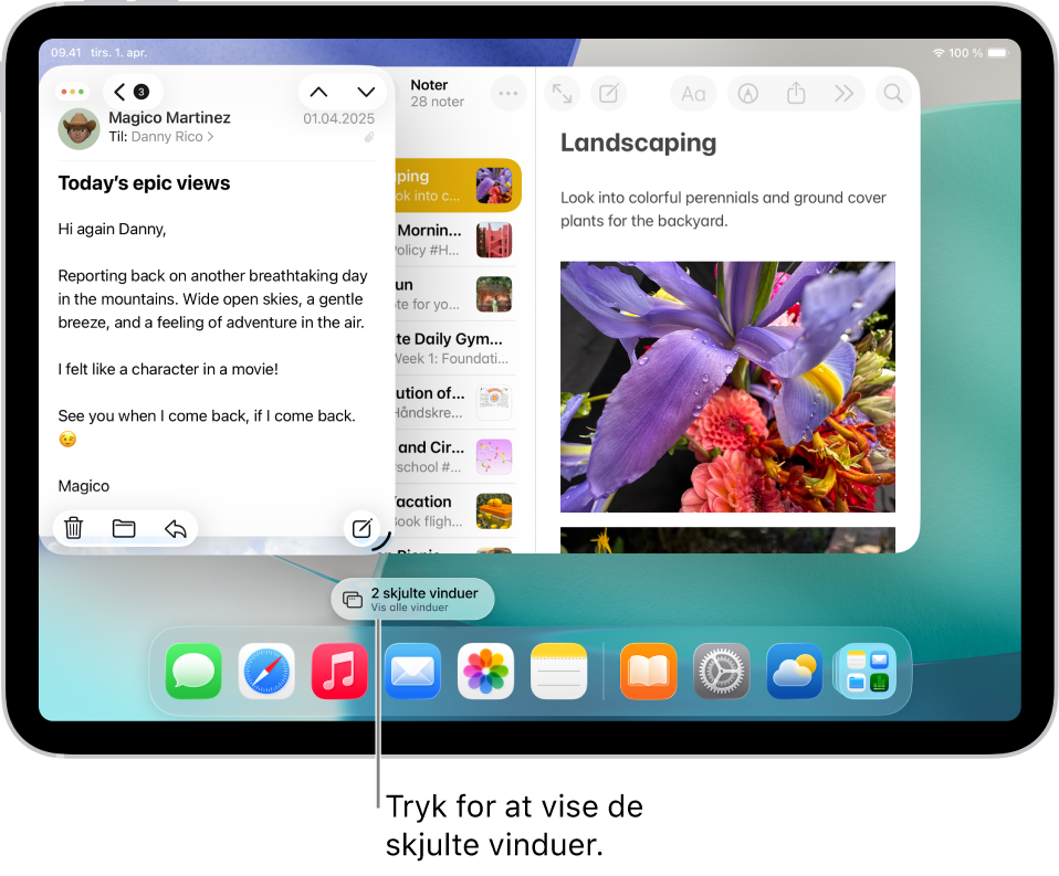 En iPad-skærm med to åbne apps og den pilleformede knap Vis alle vinduer, som viser alle åbne vinduer i den ønskede app, når der trykkes på knappen.