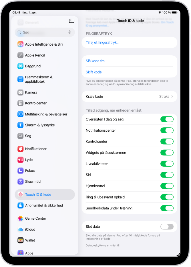 Indstillingerne til Face ID & kode med muligheder for at tillade adgang til bestemte funktioner, når iPad er låst.