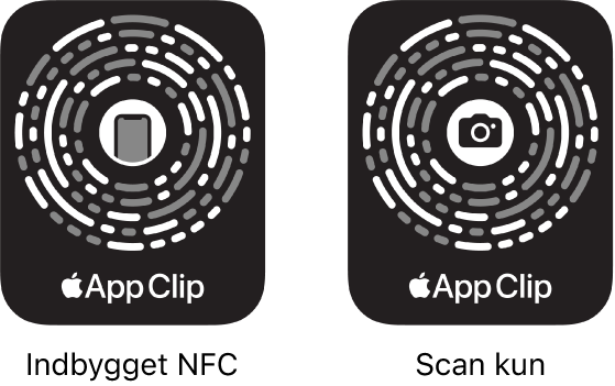 Til venstre er der en appklipkode integreret i et NFC-mærke med et symbol for iPhone i midten. Til højre er der en appklipkode kun til scanning med et kamerasymbol i midten.