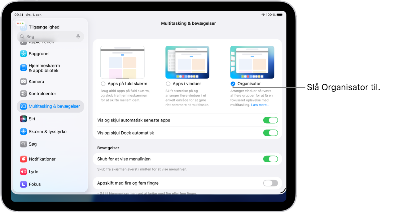 Appen Indstillinger på iPad viser indstillinger til Multitasking og bevægelser, som du kan vælge for at arbejde i flere apps.