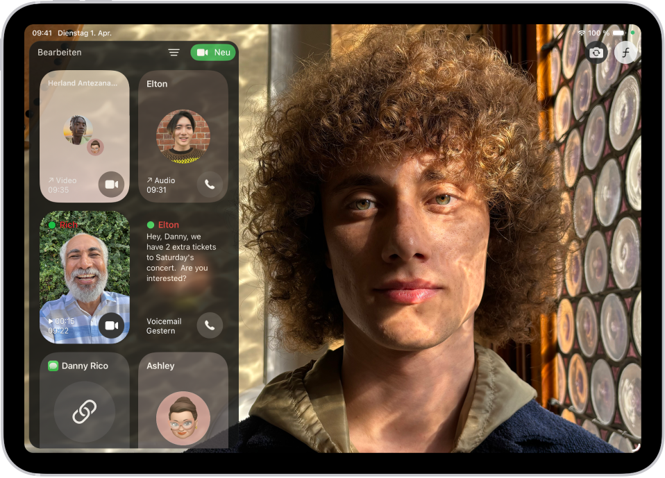 Der FaceTime-Anrufverlauf zeit einen Gruppen-FaceTime-Anruf, einen Audioanruf, eine Videonachricht, eine Audionachricht und einen Link zu einem FaceTime-Anruf.