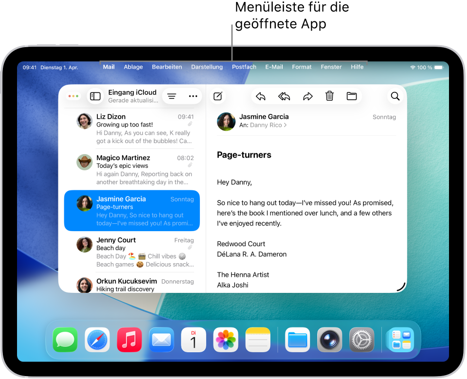 Die geöffnete App „Mail“ auf dem iPad-Bildschirm mit der Menüleiste oben auf dem Bildschirm.