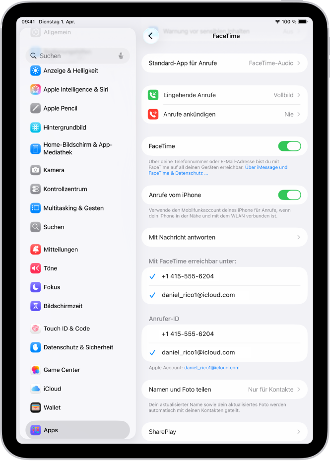 Der Bildschirm „Einstellungen“ in FaceTime mit Steuerungen zum Aktivieren und Deaktivieren von FaceTime sowie der Telefonnummer und E-Mail-Adresse, bei der du erreicht werden kannst.