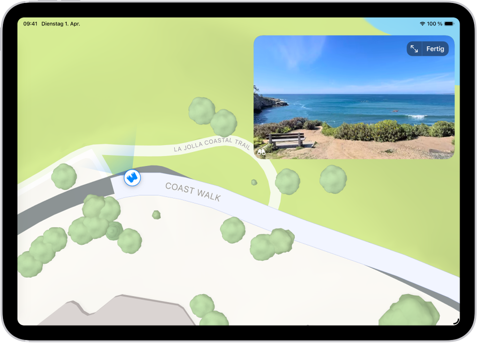 Eine verschiebbare 360°-Panoramaansicht wird über der Karte eines Gebiets, das in der App „Karten“ markiert ist, angezeigt. In Blickrichtung wird das Symbol „Umsehen“ auf den Kartenpunkten überlagert.