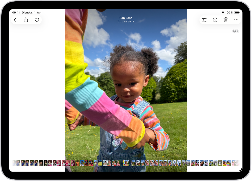 Ein Foto ist in der App „Fotos“ geöffnet und füllt die Mitte des Bildschirms aus.
