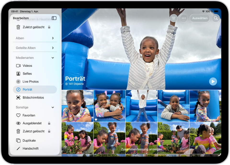 In der App „Fotos“ sind „Medienarten“ geöffnet und Sammlungen von Videos, Selfies, Live Photos, Porträts und mehr werden angezeigt.