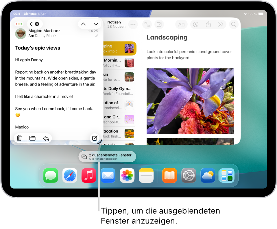 Ein iPad-Bildschirm mit zwei geöffneten Apps und der Taste „Alle Fenster anzeigen“. Wird auf die Taste getippt, werden alle geöffneten Fenster der ausgewählten App angezeigt.