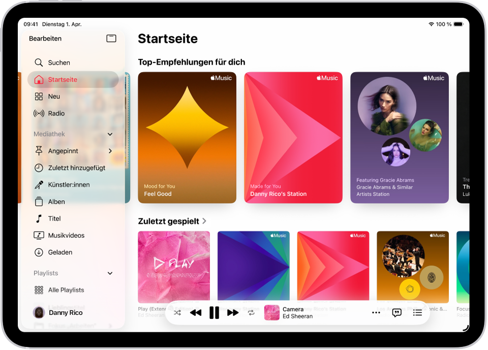 Der Tab „Startseite“ der App „Musik“ mit der Seitenleiste links und dem Bereich „Startseite“ rechts. Der Tab „Startseite“ mit Top-Empfehlungen oben. Zuletzt wiedergegebene Musik wird unten angezeigt und enthält vier Albumcover. Unten befindet sich der Mini-Player.