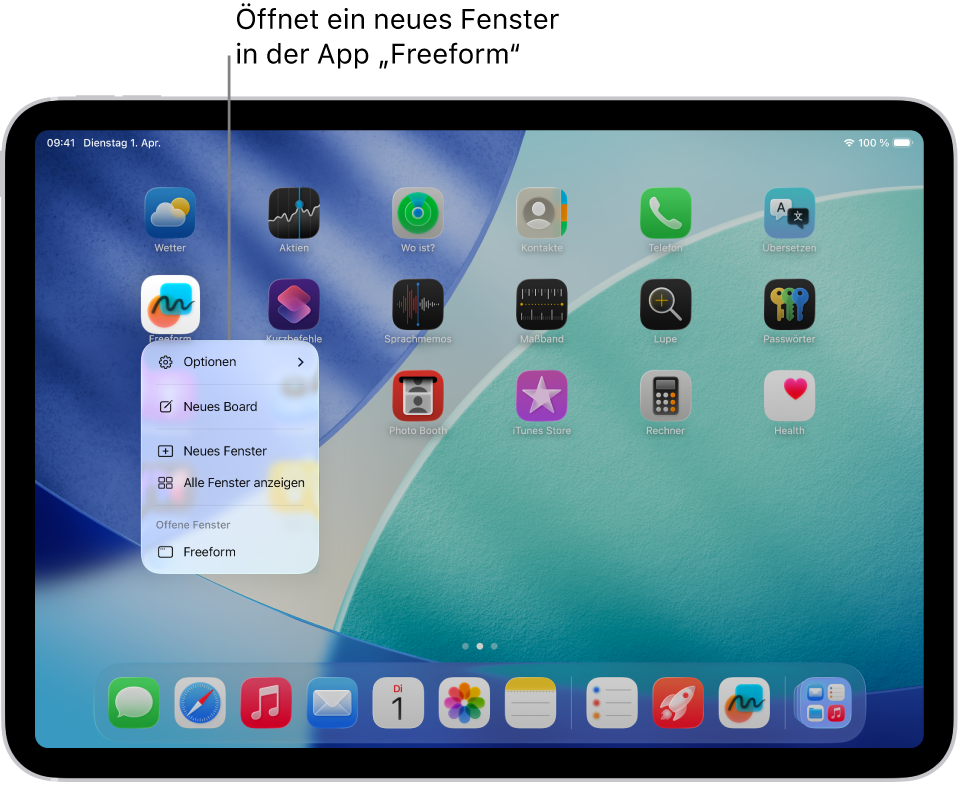 Ein iPad-Home-Bildschirm mit dem geöffneten App-Menü von Freeform, die eine Liste mit auswählbaren Aktionen anzeigt, einschließlich das Öffnen eines neuen Fensters in der App, das Erstellen eines neuen Boards, das Anzeigen aller geöffneten App-Fenster und mehr.