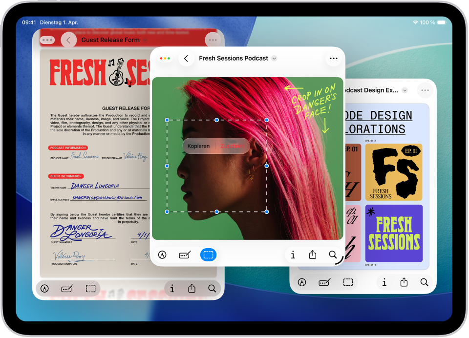 Das iPad mit drei geöffnete Fenstern in unterschiedlichen Größen, die sich alle überschneiden.