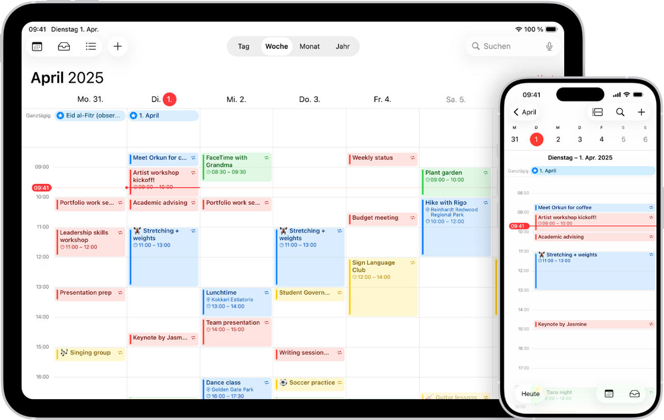 Ein Kalender auf dem iPad in der Wochenansicht und derselbe Kalender auf dem iPhone in der Tagesansicht.