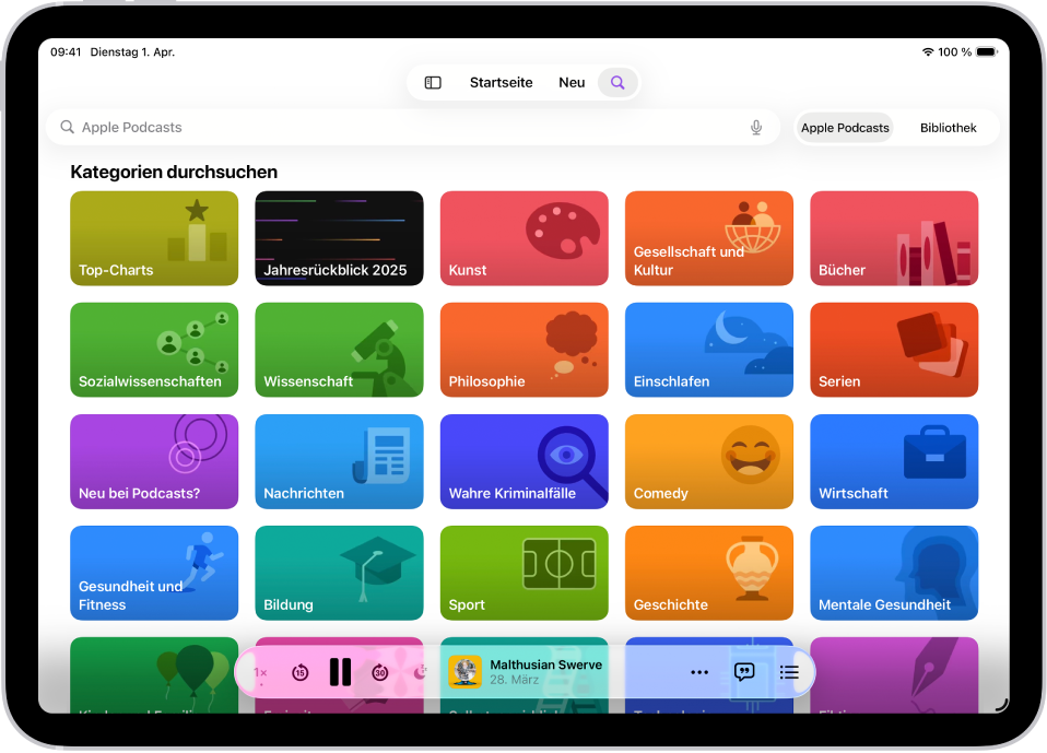 Der Suchbildschirm in der App „Podcasts“ mit Podcast-Kategorien. Im unteren Bereich des Bildschirms befindet sich der Mini-Player.