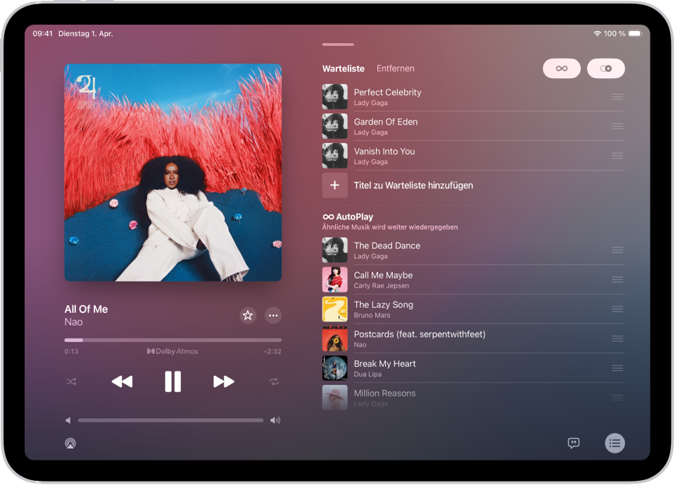 Der Bildschirm „Jetzt läuft“ zeigt die Warteschlange mit den aktivierten Funktionen „Automatische Wiedergabe“ und „AutoMix“. Ähnliche Titel werden unter den Musiktiteln des Albums angezeigt.