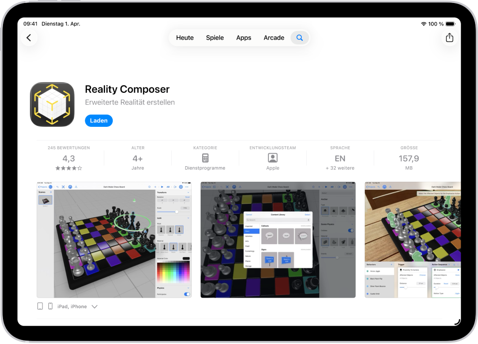 Die Informationsseite für eine App im App Store. Die Seite zeigt die Taste „Laden“, Bewertungen, Altersbeschränkungen, das Entwicklungsteam, Bildschirmfotos und mehr an. Oben in der Mitte befinden sich von links nach rechts die folgenden Tasten: „Heute“, „Spiele“, „Apps“, „Arcade“ und „Suchen“.