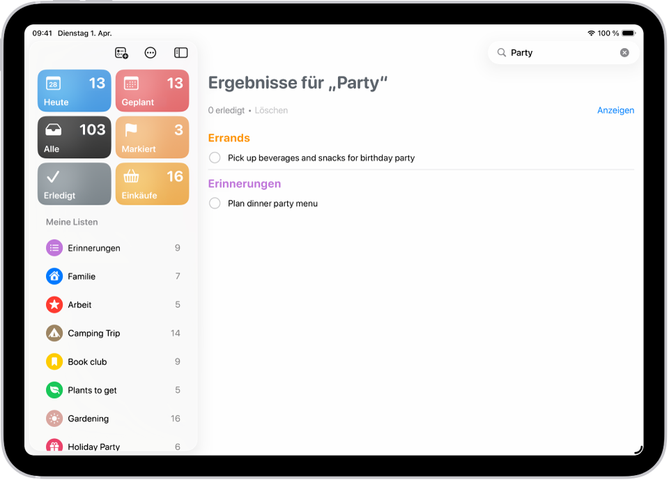 Suchergebnisse in der App „Erinnerungen“ zeigen Aufgaben, die das Wort „Party“ enthalten.