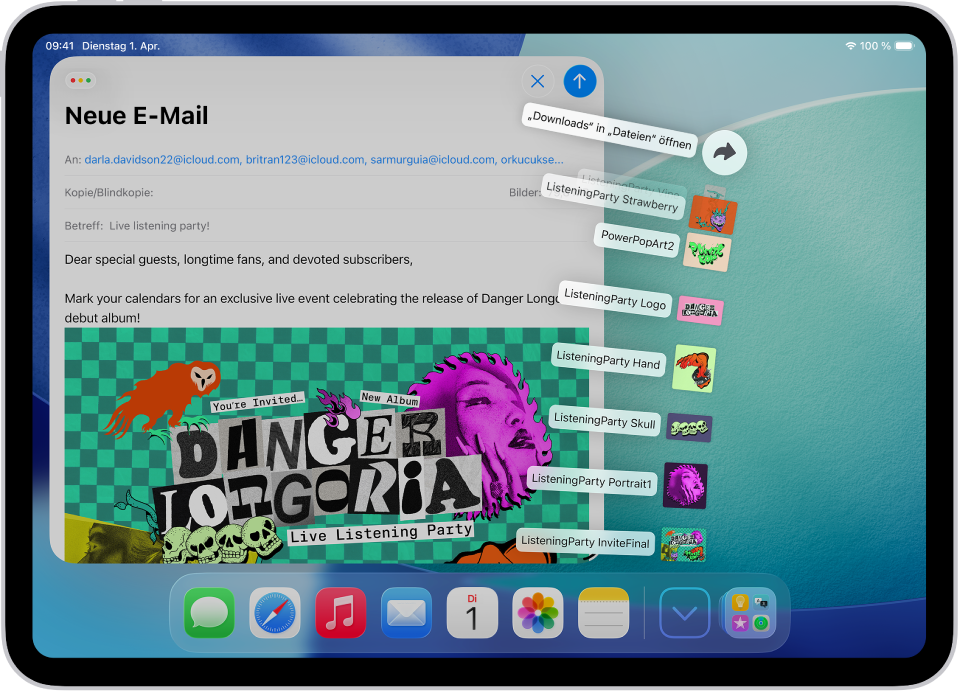 Der iPad-Home-Bildschirm zeigt Dateien, die vom Dock aus geöffnet werden können.