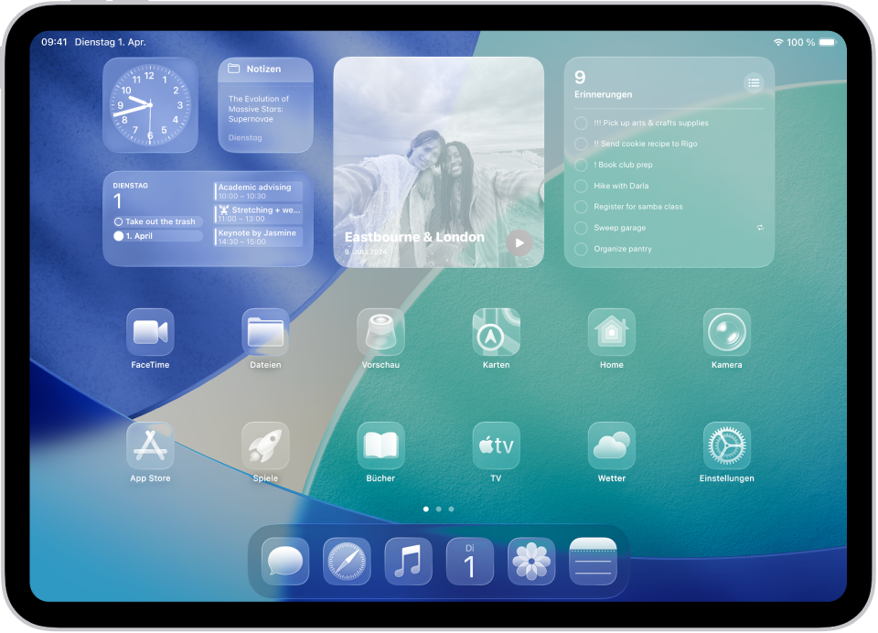 Ein angepasster Home-Bildschirm auf dem iPad mit Widgets.