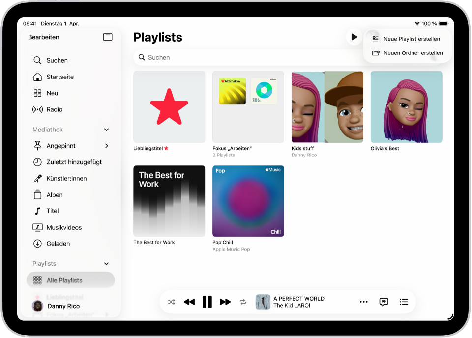 Der Tab „Playlists“ mit der Seitenleiste links und einer Liste mit Playlists rechts. Oben befinden sich Tasten zum Erstellen einer neuen Playlist oder eines neuen Ordners.