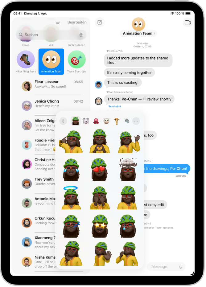 In einer Konversation in „Nachrichten“ ist ein Menü geöffnet und ein Memoji in vielen verschiedenen Posen wird angezeigt.