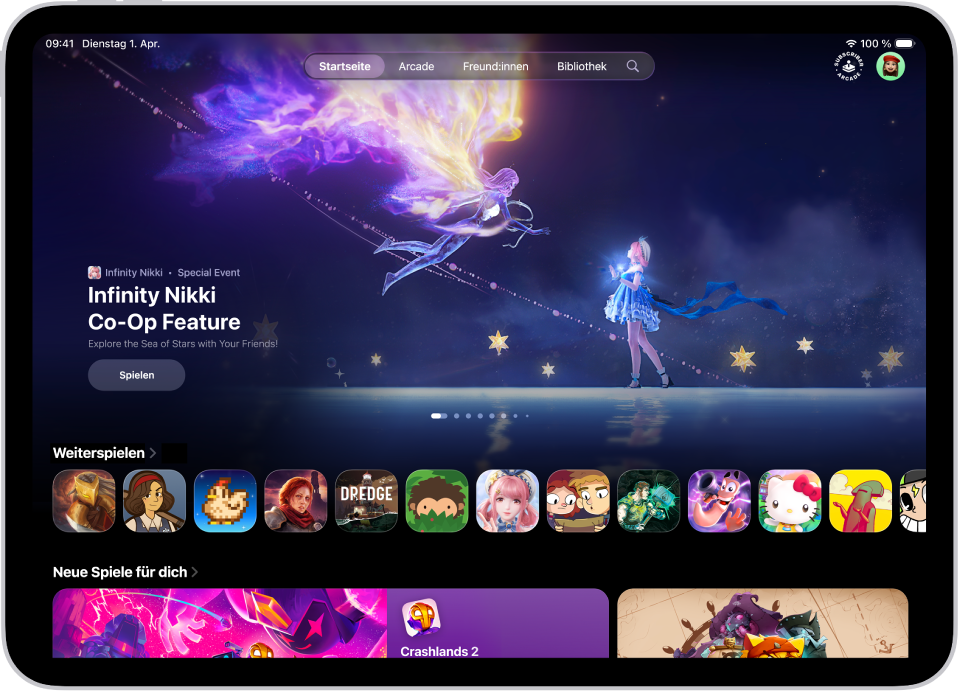 Die Apple-App „Spiele“ zeigt den Tab „Startseite“, auf dem ein besonderes Ereignisse, Spiele, die du fortsetzen kannst, und neue Veröffentlichungen angezeigt werden.