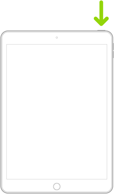 An iPad with a Home button. An arrow points to the top button.