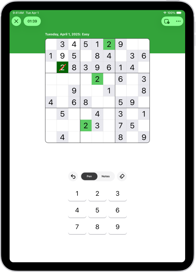 A Sudoku puzzle in the News app.