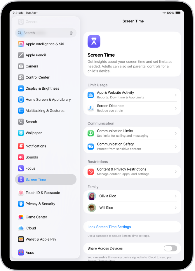 The screen for setting up Screen Time, showing that you tap App & Website Activity to get started.