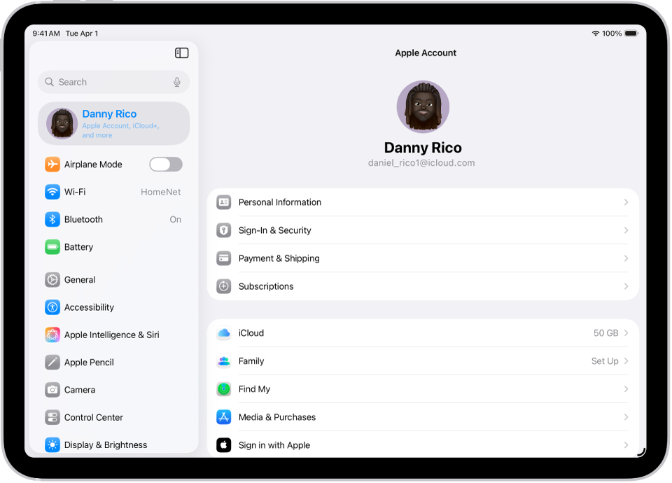 The Apple Account Settings shown with a list of options including — personal information, subscriptions, Find My, and more.