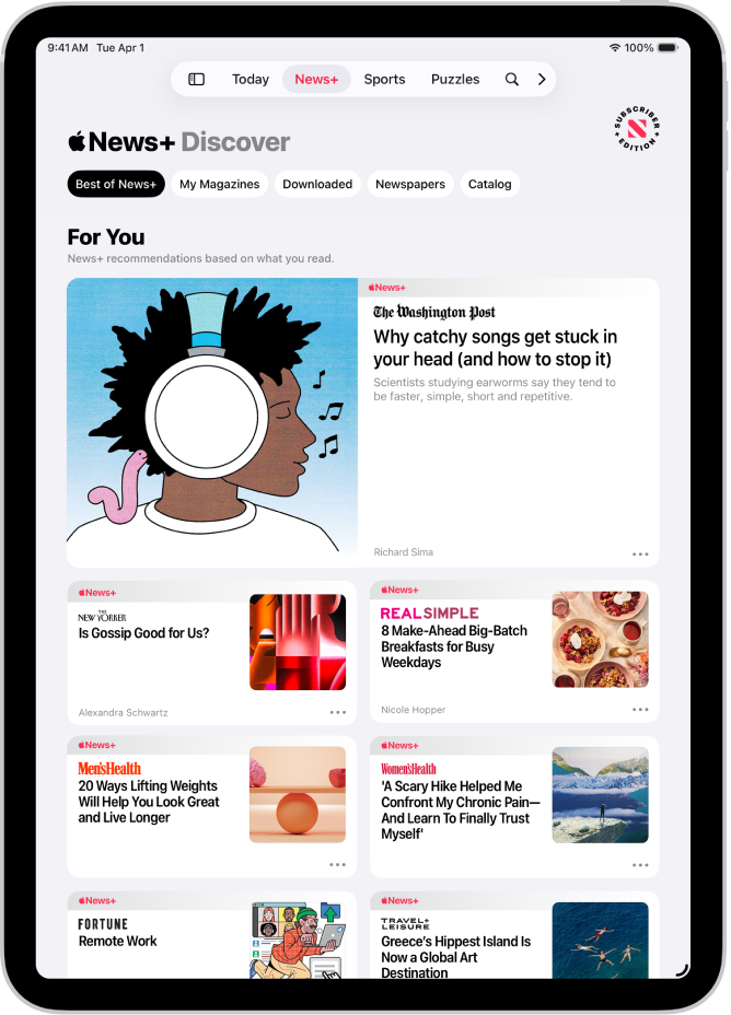 The Discover page in Apple News+. In the tab bar, News+ is selected, and below that, the Best of News+ category is selected.