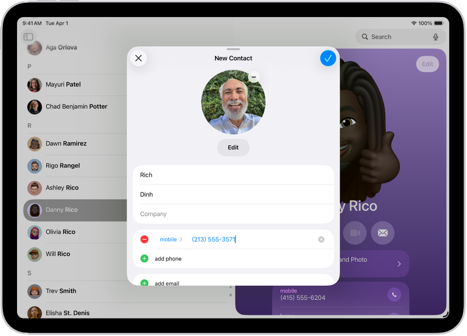 The New Contact window in the Contacts app.