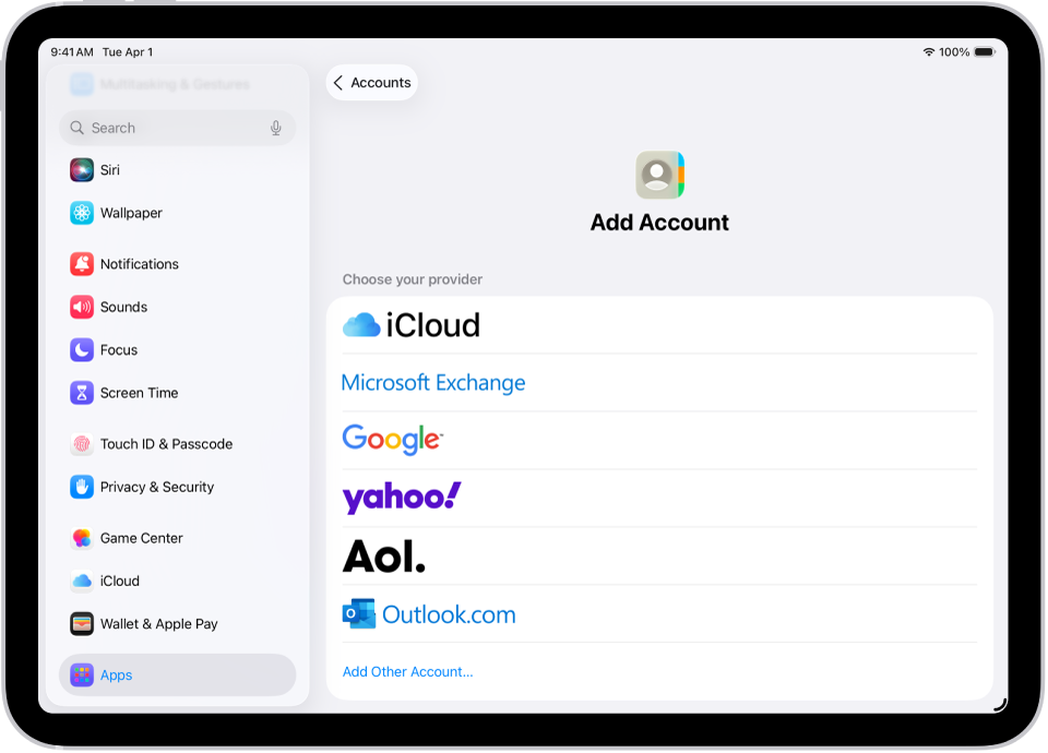 The Add Account screen showing different contacts services.