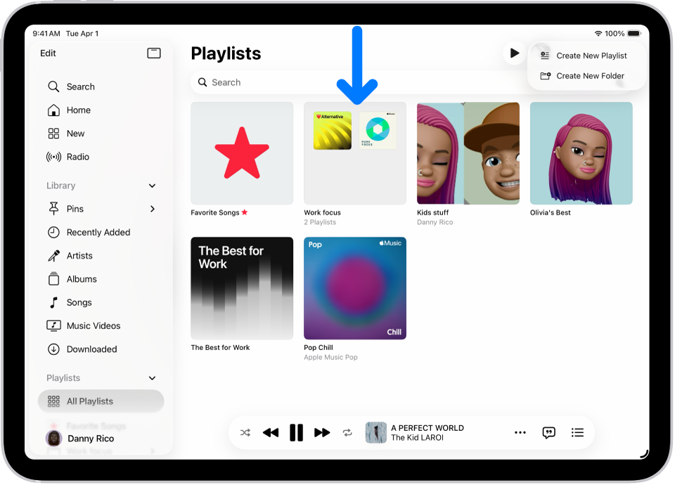 The Music app open on iPad with the sidebar on the left and the list of playlists on the right. At the top are buttons to create a new playlist or create a new folder. A blue arrow is pointing to a playlist folder named Work focus.