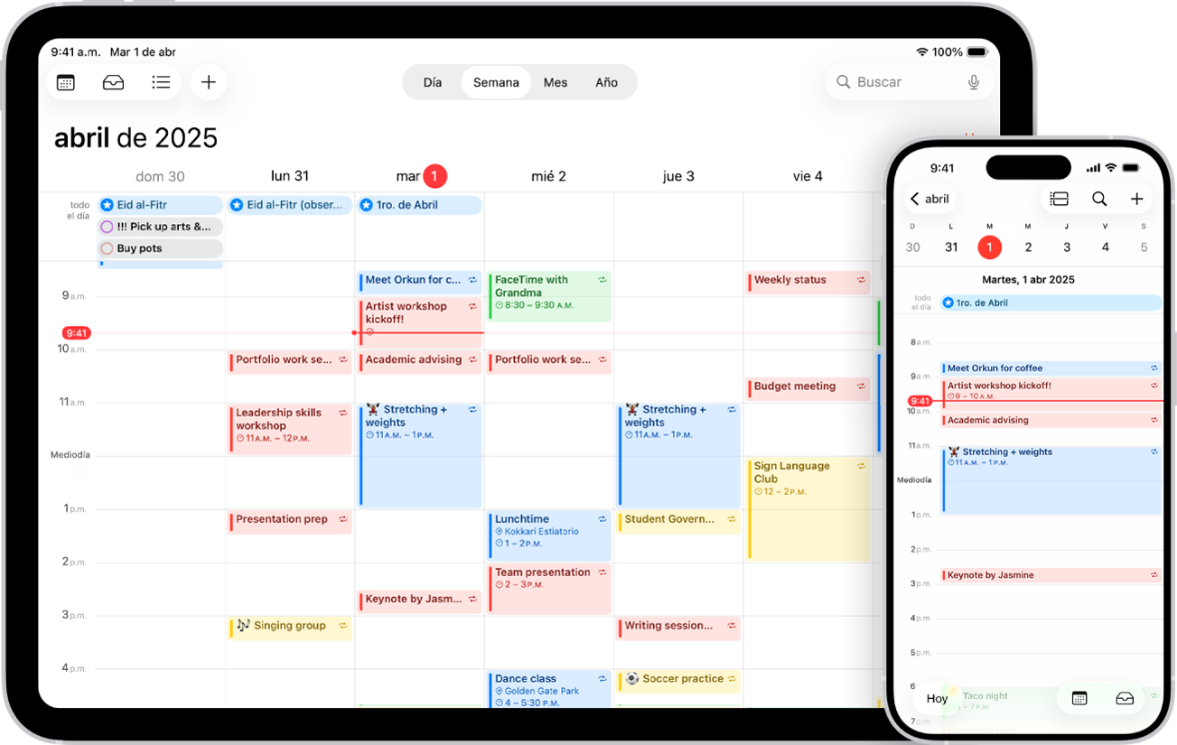 Un calendario en un iPad en la vista semanal y el mismo calendario en un iPhone en la vista diaria.