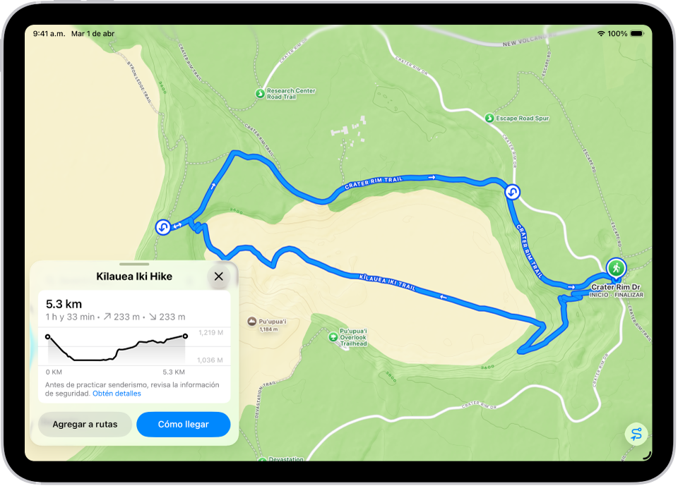 Un resumen de una excursión que se puede descargar y que muestra la distancia, perfil de altitud, tiempo estimado y opciones para guardar u obtener indicaciones para iniciar la ruta.