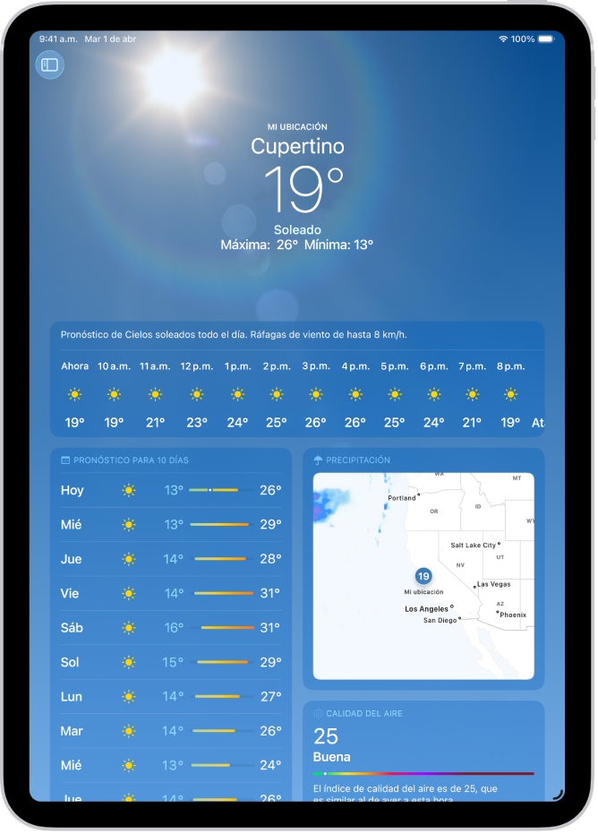 La pantalla de Clima donde se ve lo siguiente: la ubicación, la temperatura actual, las temperaturas máxima y mínima del día, el pronóstico por horas y el de diez días en la parte izquierda de la pantalla, y un mapa de precipitaciones y la escala de la calidad del aire en el lado derecho de la pantalla.