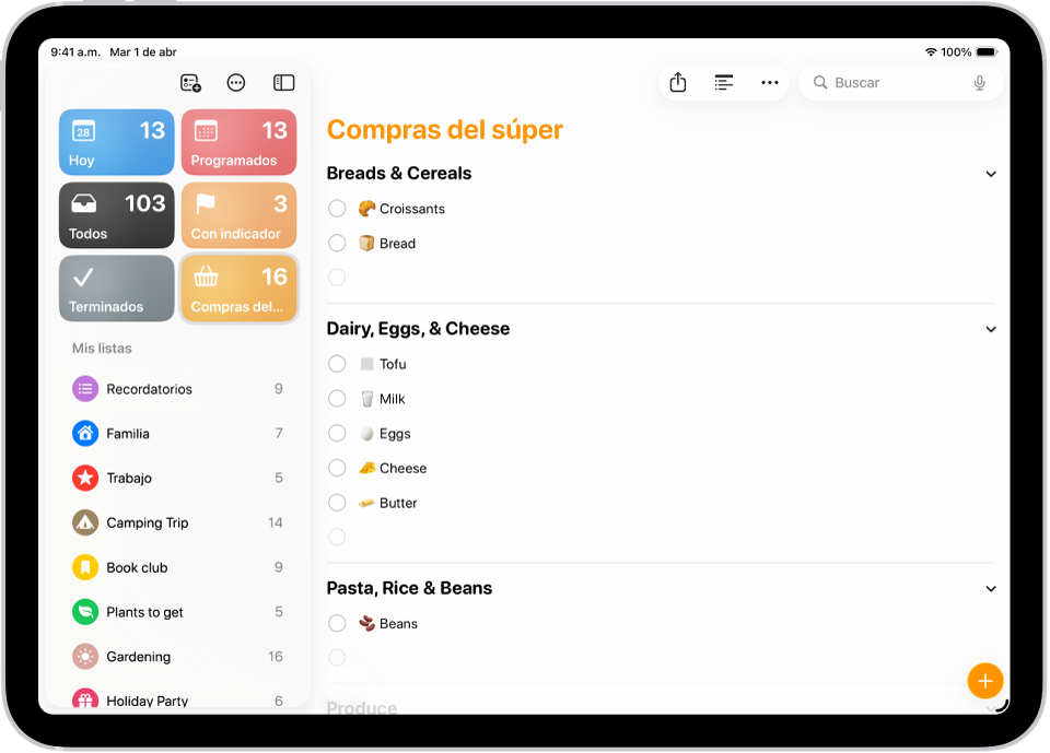 La app Recordatorios muestra una lista de compras del súper con artículos en categorías, como Frutas y verduras y Pescados y mariscos.