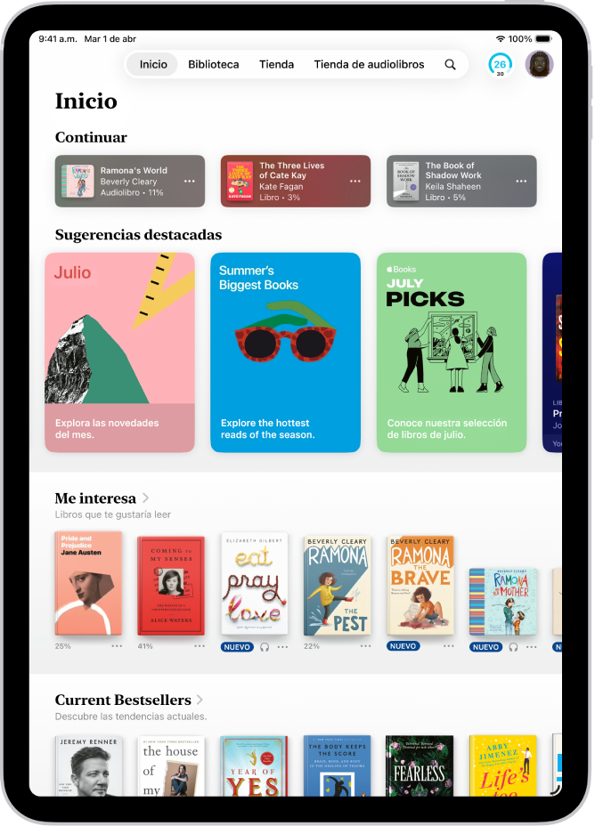 Pantalla de inicio en la app Libros con las secciones Actual, Recientes y Me interesa.