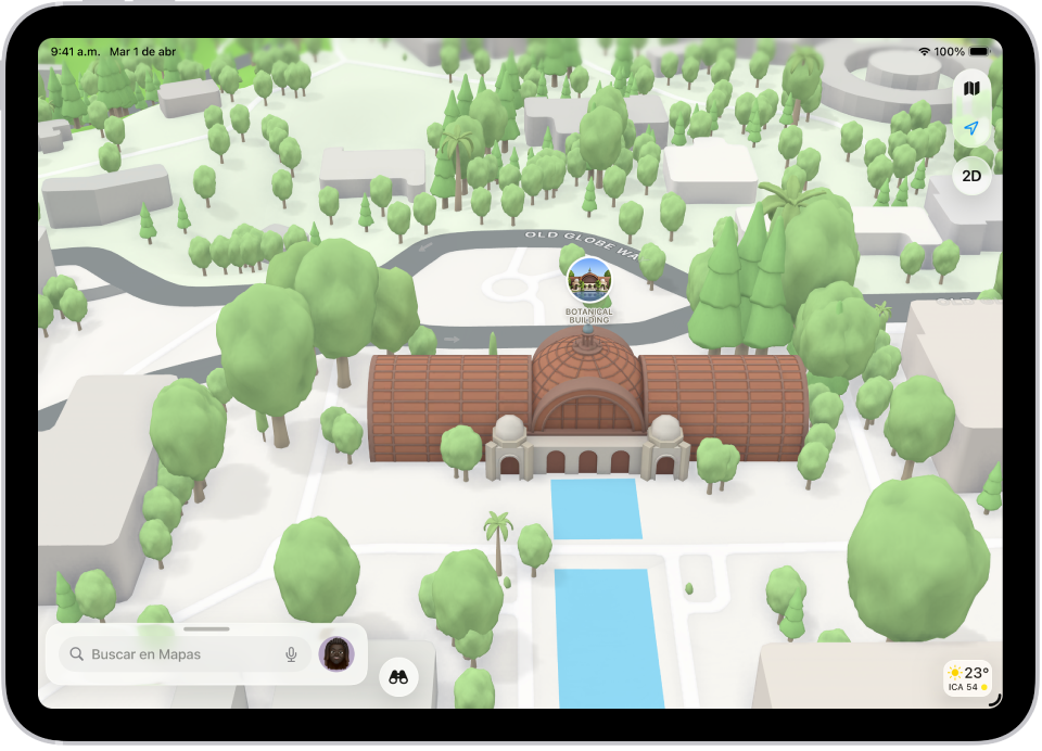 En la app Mapas, un mapa 3D de un parque muestra un puente y un parque.