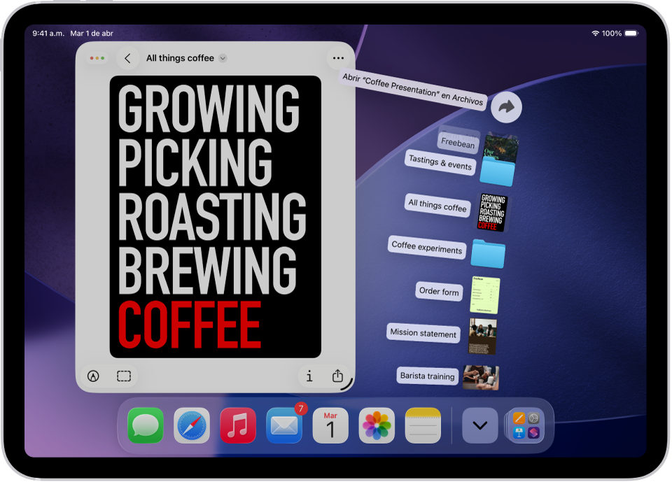 La pantalla de inicio del iPad mostrando archivos que se pueden abrir desde el Dock.
