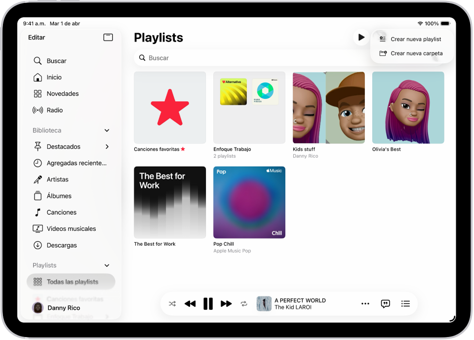 La pestaña Playlists con la barra lateral a la izquierda y la lista de playlists a la derecha. En la parte superior hay botones para crear una nueva playlist o crear una carpeta nueva.