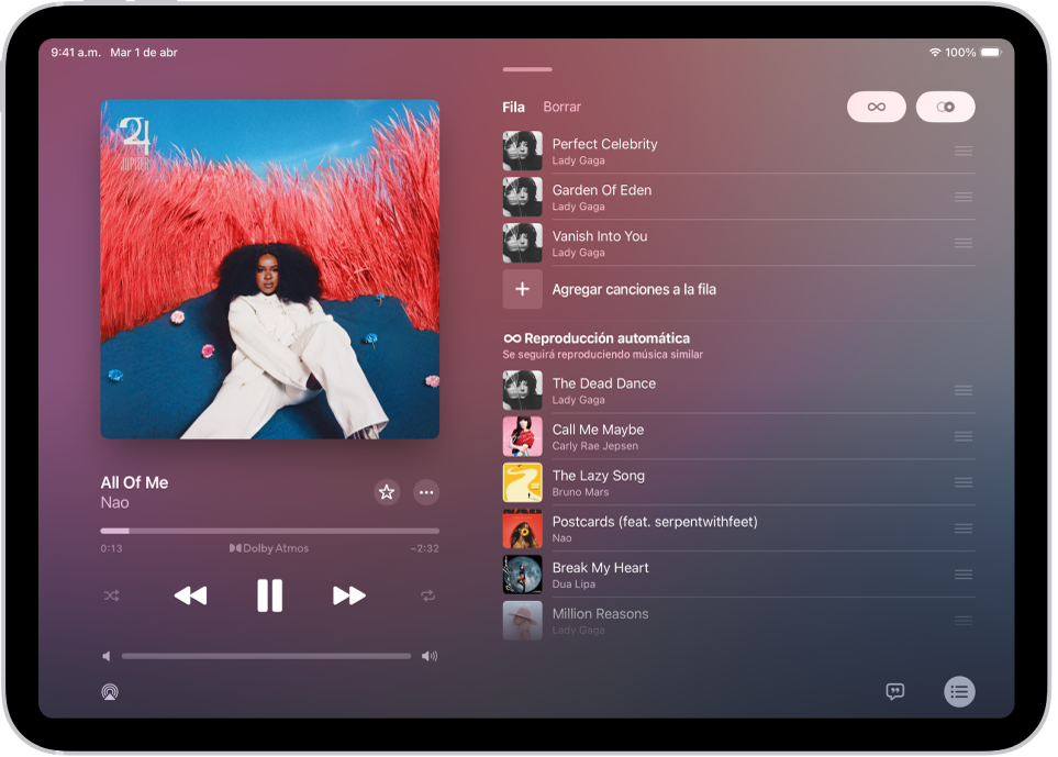 La pantalla Ahora suena mostrando la fila con la reproducción automática y AutoMix activadas. Aparecen canciones similares debajo de las canciones en el álbum.