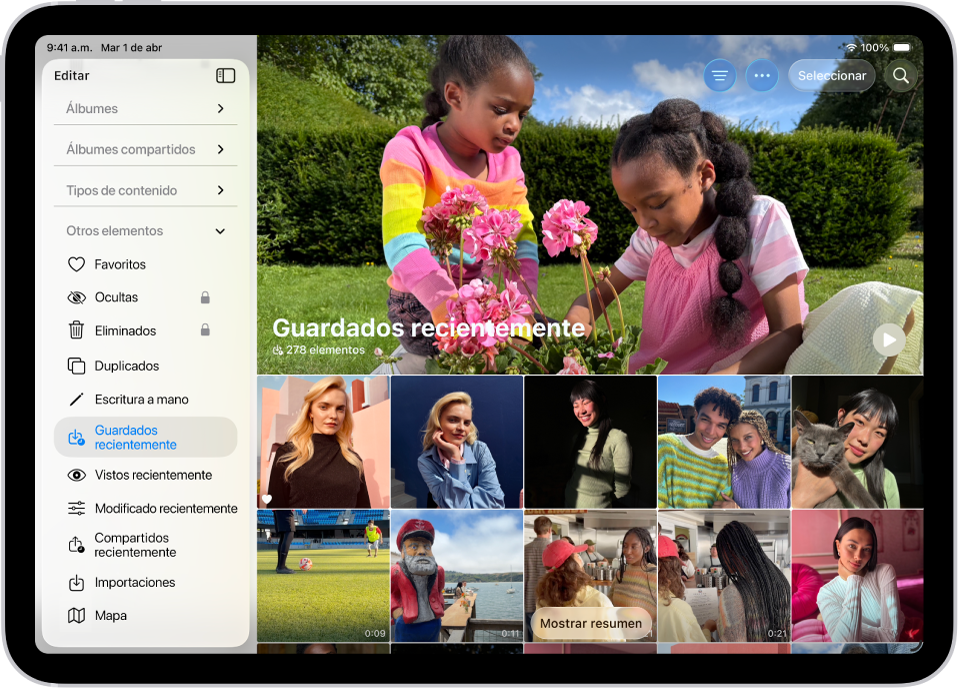 La colección Guardado recientemente está abierta en la app Fotos y muestra fotos y videos.