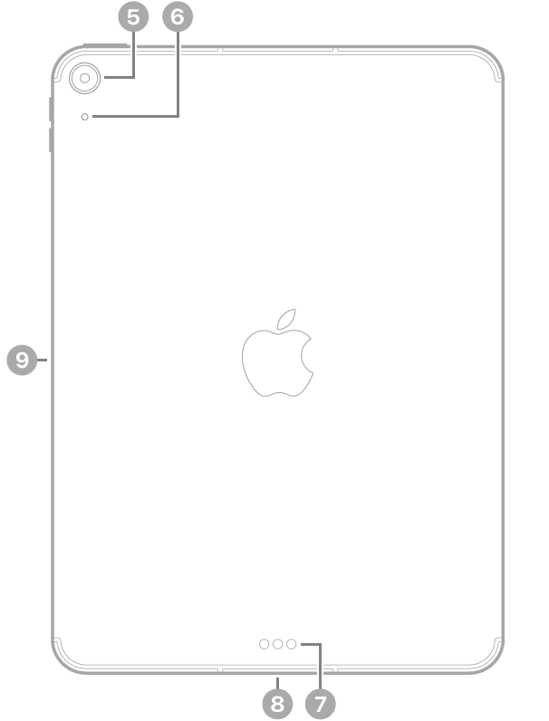 Vista posterior del iPad Air con textos que indican la ubicación de la cámara trasera y el micrófono en la parte superior izquierda, el Smart Connector y el conector USB-C en la parte inferior central, la bandeja de la tarjeta SIM (Wi-Fi + Cellular) abajo a la izquierda y el conector magnético para el Apple Pencil a la izquierda.